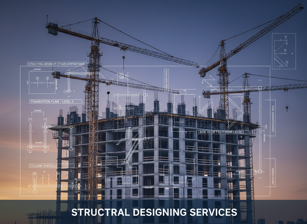 professional structural engineering drawings overlaid on a construction site with cranes and reinforced concrete framework, wide angle, clean corporate style, for structural designing services