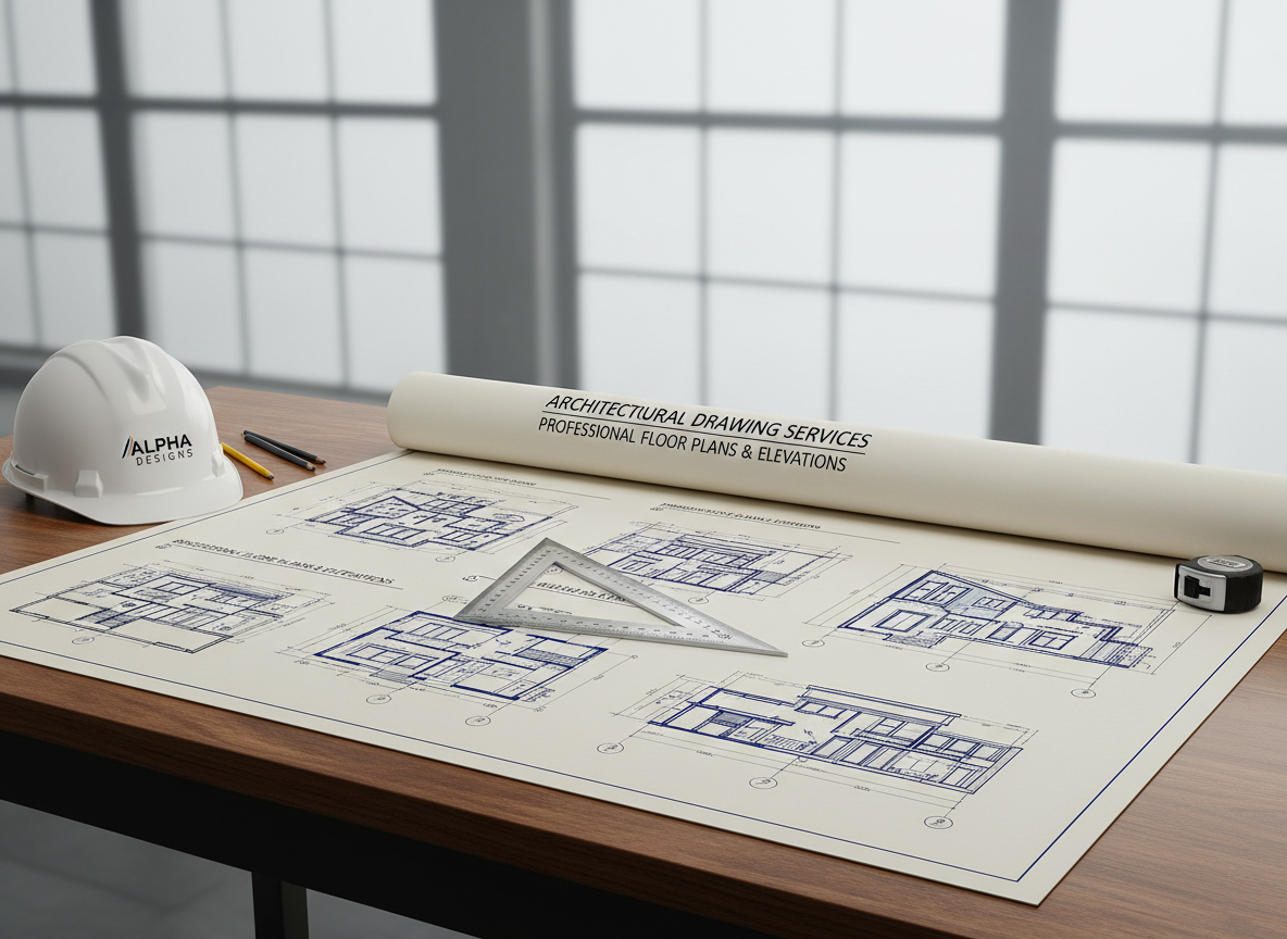 professional architectural blueprint with floor plans and elevations on a desk with scale ruler and hard hat, bright studio lighting, for architectural drawings services