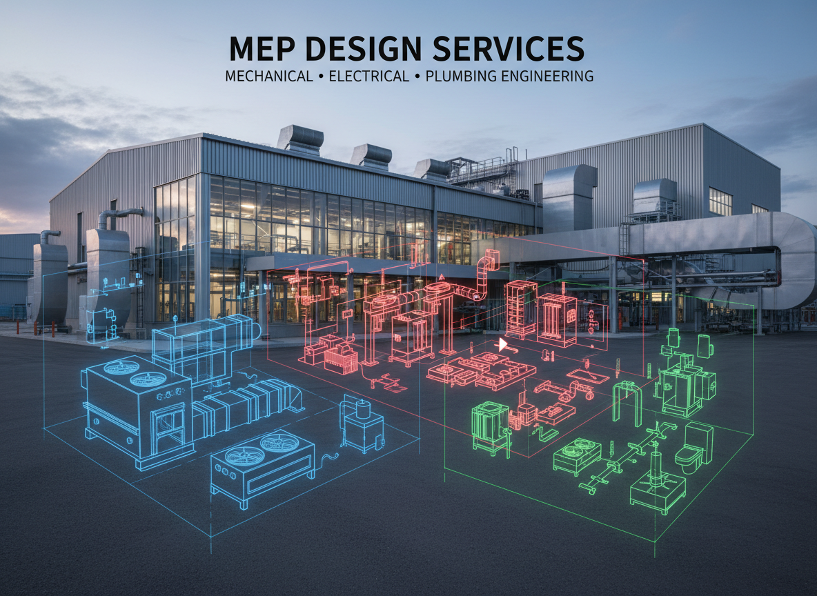 detailed MEP engineering drawings showing mechanical, electrical and plumbing layouts over a modern industrial plant background, wide technical illustration, for MEP design services