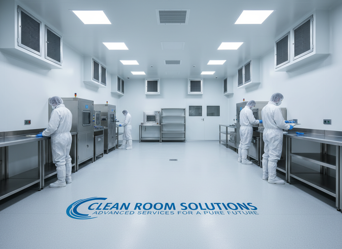 pharmaceutical cleanroom interior with people in protective suits, HEPA filters and smooth epoxy flooring, wide angle, bright and sterile, for clean room solutions services