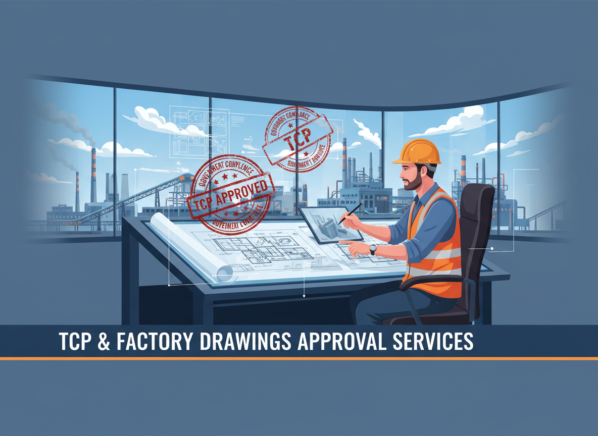 engineer reviewing factory layout and TCP approval drawings with government compliance stamps over an industrial facility background, wide technical illustration, for TCP and factory drawings approval services