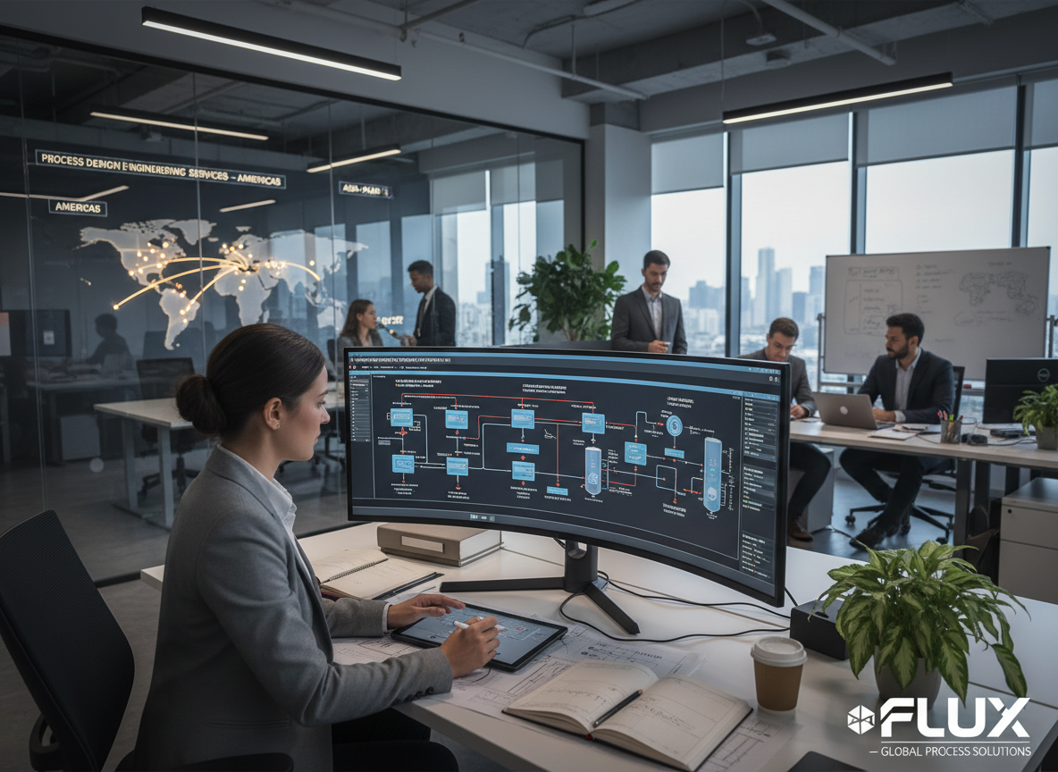 process design engineer creating flow diagrams and P&IDs for a pharmaceutical production line on a large monitor, wide technical scene, for process design engineering services across regions
